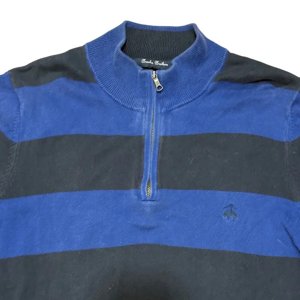 Brooks‎ Brothers Fleece Men’s Quarter Zip 1/4 Black Blue Striped Sweater Size XL
